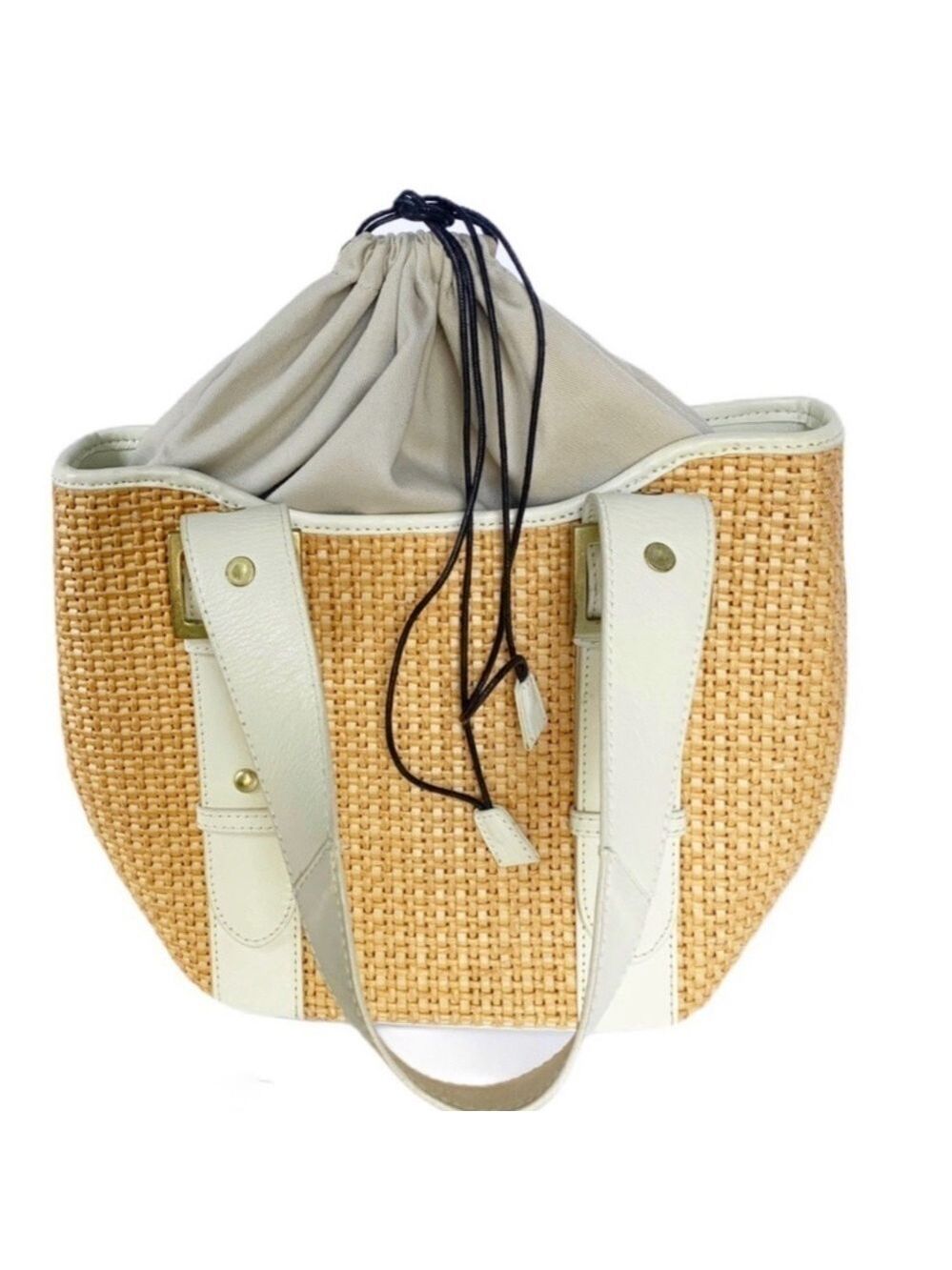 KATE LANDRY Leather Trim, paper yarn woven Drawstring Bag in excellent condition